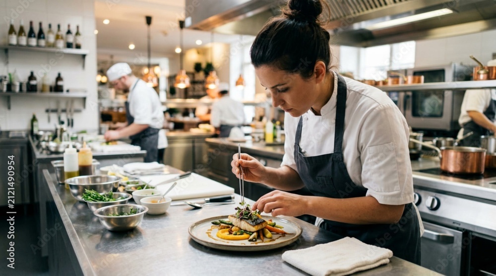 Fototapeta premium Professional Female Chef Plating Gourmet Fish Dish with Precision in Busy Restaurant Kitchen Setting