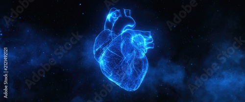 Ethereal blue anatomical heart glows in cosmic mist