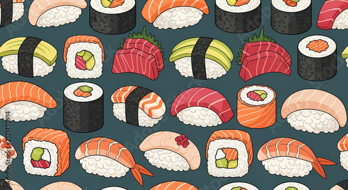 Seamless Sushi Pattern with Fresh Nigiri and Maki Rolls
