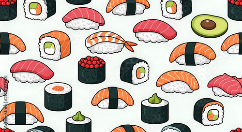 Seamless Japanese Sushi Pattern with Salmon Tuna and Maki Rolls