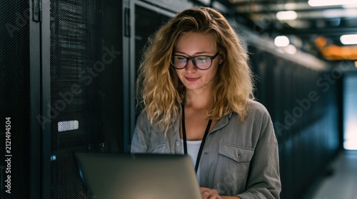 Female IT engineer managing servers in a modern data center, monitoring network infrastructure and cloud systems for secure, reliable enterprise operations.