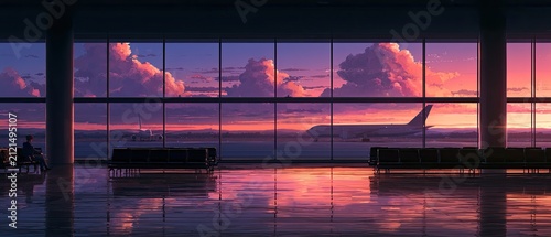 Airport departure lounge overlooking a vibrant sunset with an airplane