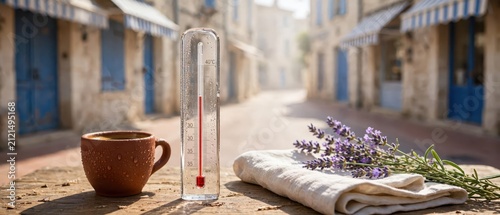 Thermometer showing forty degrees Celsius with coffee and lavender on a wooden table in a sunny French village street, summer heatwave concept