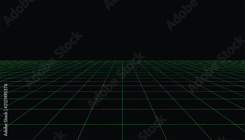 Retro futuristic green grid floor receding into perspective on a dark black background representing space grid.