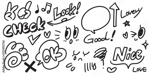 かわいくておしゃれな手書きの文字 表情 矢印 ハート セット