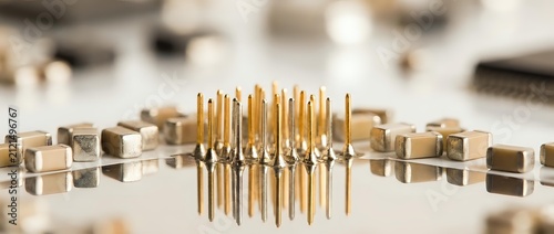 Plakat w ramie Ammunition cartridges arranged in rows with golden brass casings reflecting light, symbolizing military power, defense, and industrial manufacturing for weapons industry concepts.