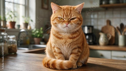 Orange tabby cat sitting on wooden kitchen counter looking at camera with serious expression