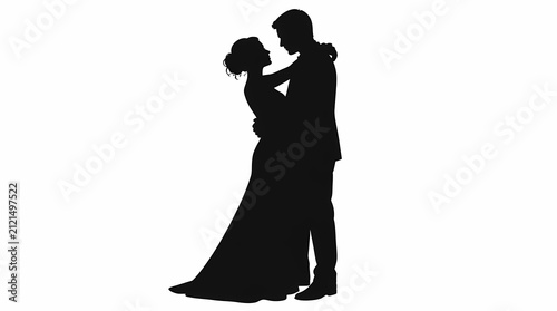 Couple embracing in romantic silhouette against white background with flowing gown and formal attire