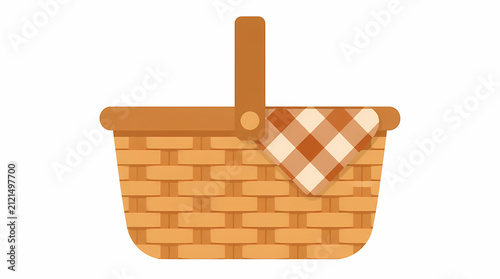 Wicker picnic basket with checkered cloth lid and handle for outdoor gatherings or leisure activities