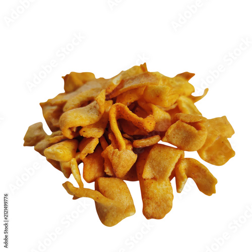Quadro su tela Pile of crunchy fried yellow snack chips isolated on transparent background