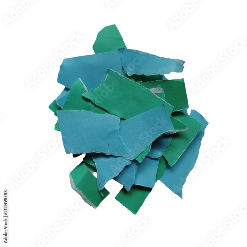 Pile of torn green paper pieces isolated on transparent background