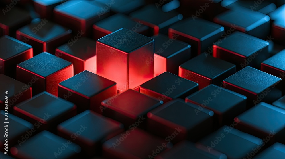 Obraz premium Abstract grid of dark cubes, one illuminated by red light