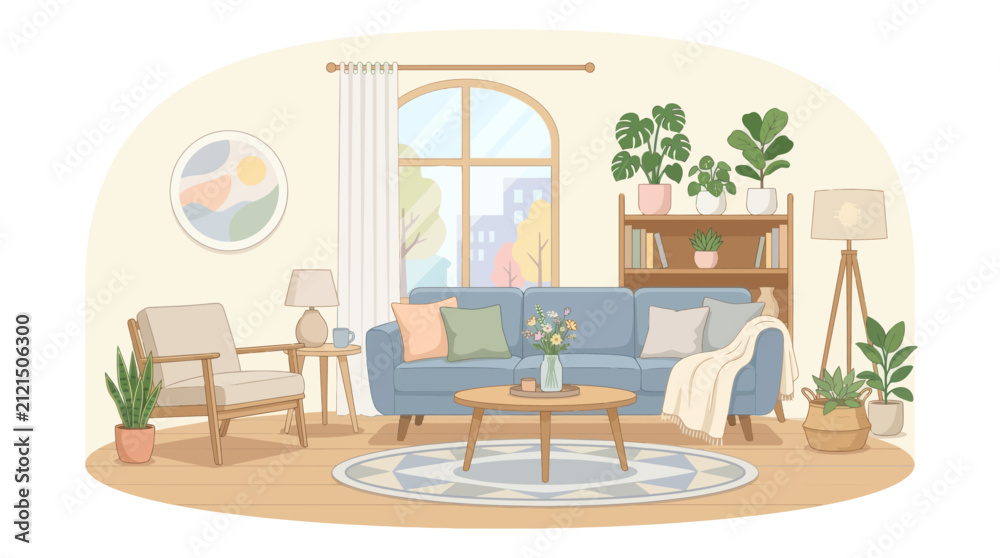 Obraz premium Cozy Living Room with Blue Sofa and Plants