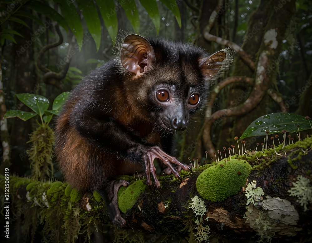 Fototapeta premium Aye-Aye Lemur in Madagascar Rainforest – Rare Nocturnal Wildlife Portrait. Ultra-realistic wildlife photograph of a wild aye-aye (Daubentonia madagascariensis) perched on a tree branch