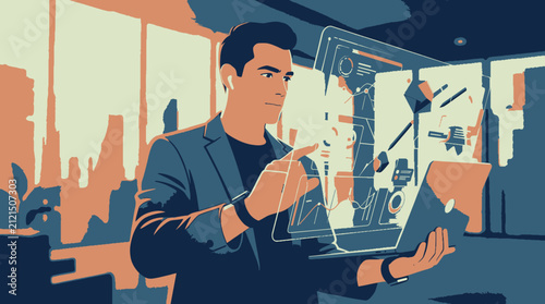 Businessman interacting with futuristic augmented reality display in a modern office, showcasing innovative technology and digital transformation.
