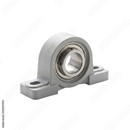 Industrial pillow block bearing featuring a grey cast housing isolated on a clean white studio background