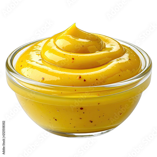 A vibrant yellow mustard sauce is artfully swirled in a clear glass bowl against a stark black background.