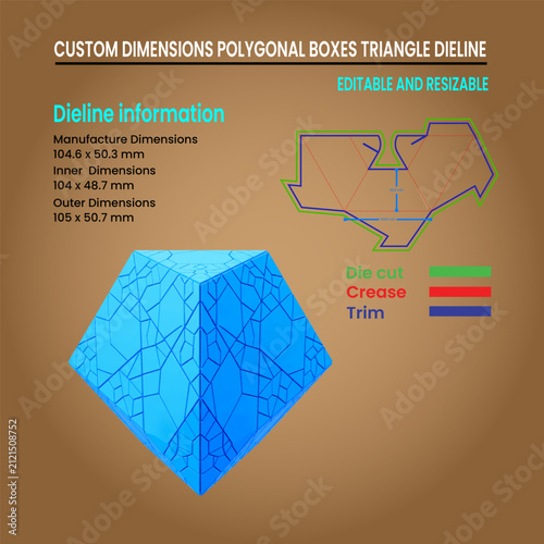 Blue polygonal box dieline with dimensions and cutting guides packaging template