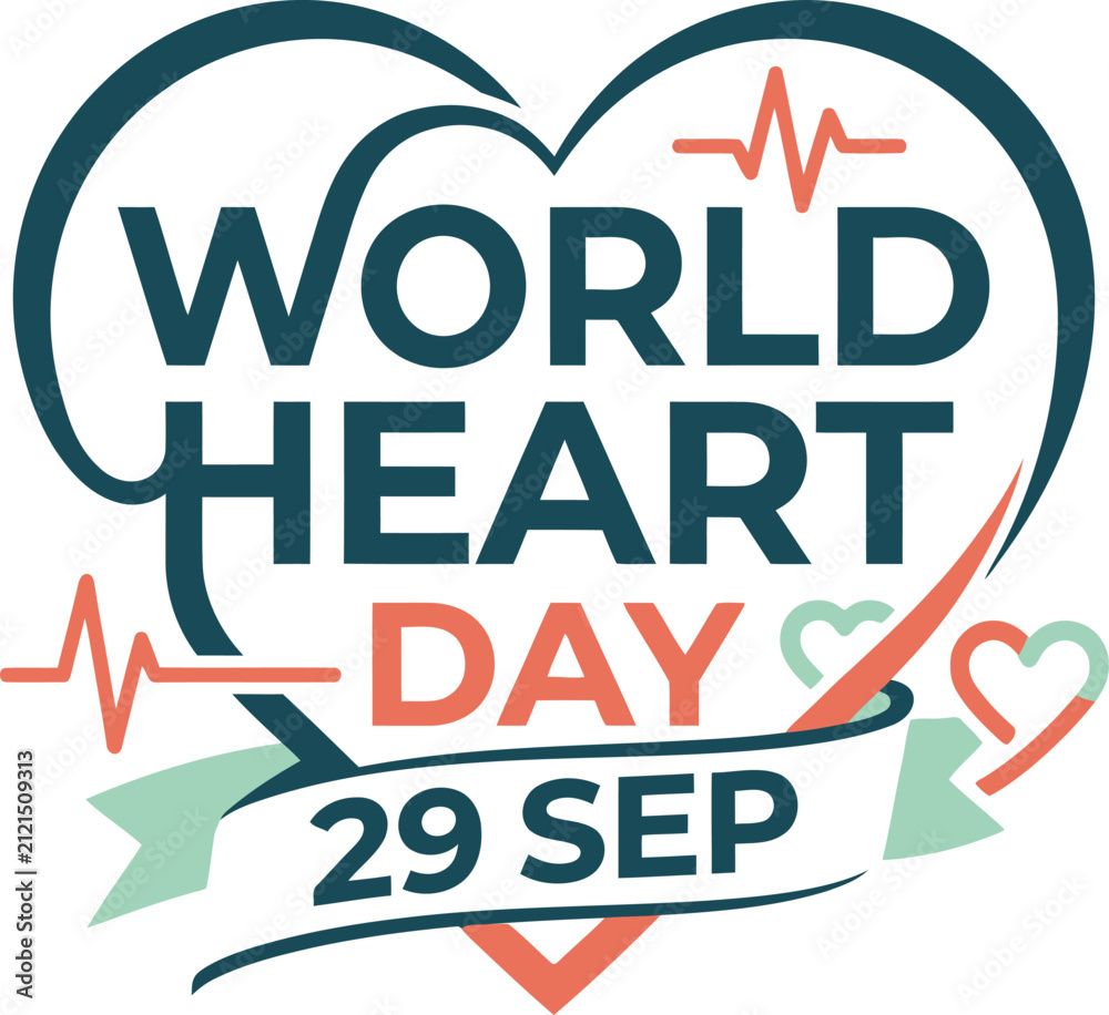 Fototapeta premium World heart day vector design with cardiology ecg pulse line ribbon 29 sep date sign