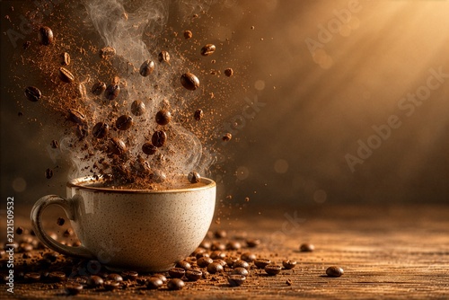 Fresh Roasted Coffee Beans Flying Above Hot Coffee Cup with Steam and Copy Space