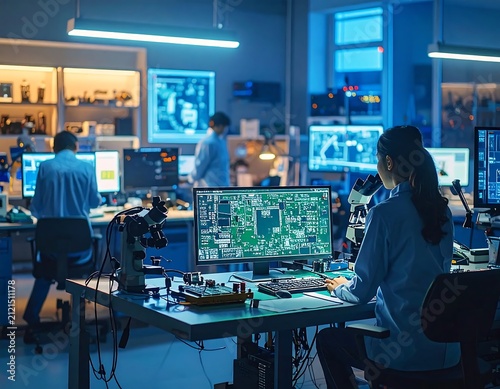 Business professionals analyzing data on multiple screens.