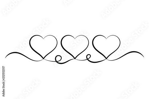 Three hearts line art drawing in continuous line with decorative swirly loops and editable stroke vector