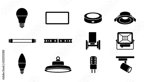 Modern Lighting Fixtures Vector Icons Set: LED Bulbs, Spotlights, Recessed Lights, and Lamps for Interior Design and Illumination Concepts
