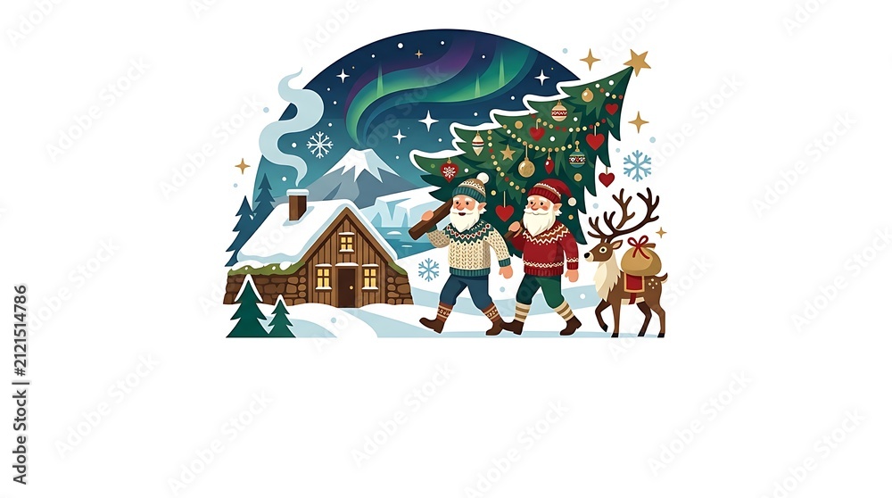 Fototapeta premium Christmas Nativity Scene with Snowman, Christmas Tree and Gifts in Snowy Village Cottage Landscape at Night, Winter Holiday Cartoon Vector Illustration with Santa and Snowflakes