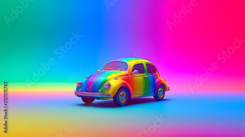 Vibrant Rainbow Colorful Vintage Car in Neon Background for Art and Design