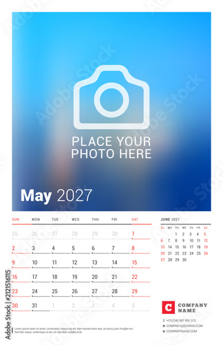 Professional May 2027 calendar planner vector illustration template featuring Sunday week start layout helps corporate teams organize monthly schedules using a clean minimalist design