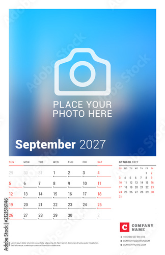 Professional September 2027 calendar planner vector illustration template featuring Sunday week start layout helps corporate teams organize monthly schedules using a clean minimalist design
