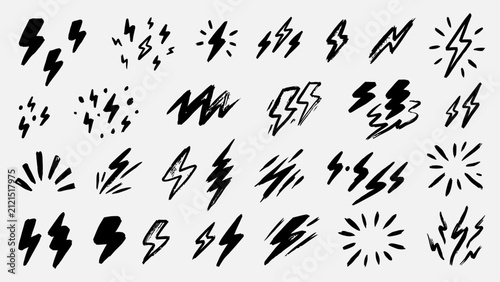 Hand drawn lightning bolt vector icons set with black ink brush stroke thunderbolt and spark doodles
