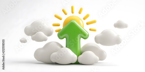 Green Upward Arrow Surrounded by Fluffy White Clouds and Bright Sunburst