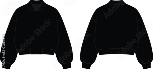 Black bomber jacket vector illustration showing front and back views of a stylish casual outerwear garment