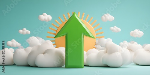 Elevation Concept with Green Upward Arrow Surrounded by Fluffy Clouds and Sunlight