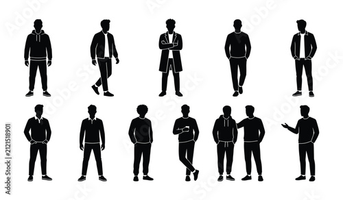 Collection of men silhouettes wearing casual clothes in various poses