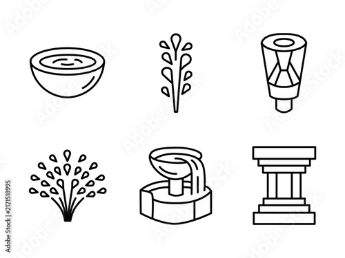 Modern Fountain and Architectural Element Line Icon Set