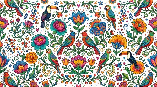 Vibrant mexican folk art pattern featuring colorful tropical birds and intricate stylized floral elements with swirling vines and decorative berries arranged in a beautiful symmetrical composition