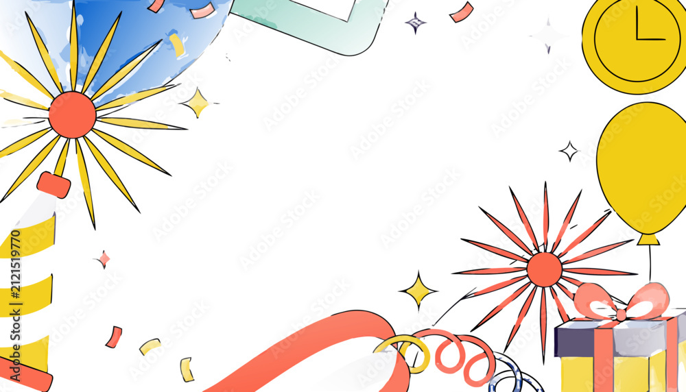 Obraz premium Lively celebration border with festive elements like colorful balloons, sparkling confetti, gift presents, and party streamers, ideal for joyful events, announcements, or greeting cards