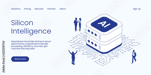 Isometric AI microchip vector illustration. Artificial intelligence processor and server concept with people on a circuit board. Clean IT technology landing page layout