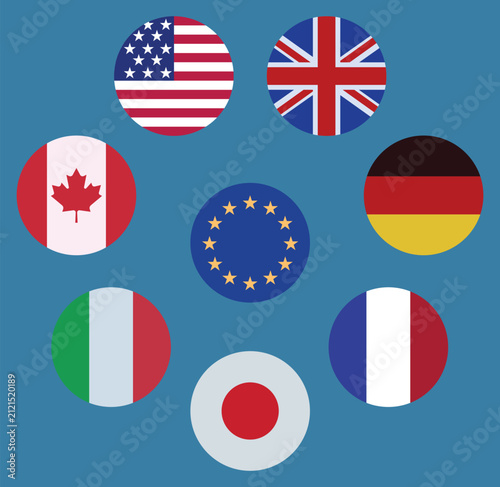 G7 countries round flag icons vector, circular national flags of United States United Kingdom Canada Germany France Italy Japan and European Union