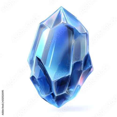 Large Blue Crystal with Sharp Edges and Reflective Surface on White Background