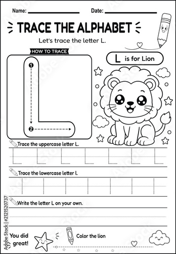 Printable preschool alphabet tracing worksheet featuring the uppercase and lowercase letter L with a cute lion coloring page. Perfect for kindergarten, homeschool, handwriting practice, early learning