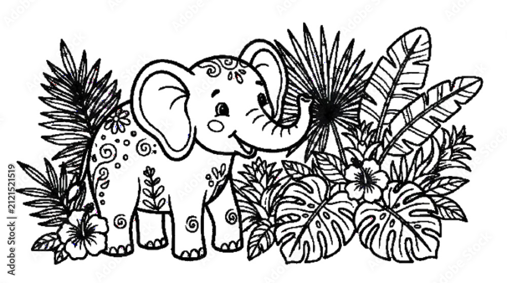 Obraz premium Adorable elephant standing beside tropical plants, large ears, simple decorative patterns, bold black outline line art, pure white background, no fills, no shadows, coloring book style.