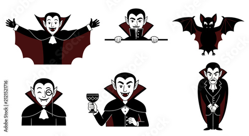 Foto Vintage Halloween vampire character set, 6 cartoon count dracula illustrations,