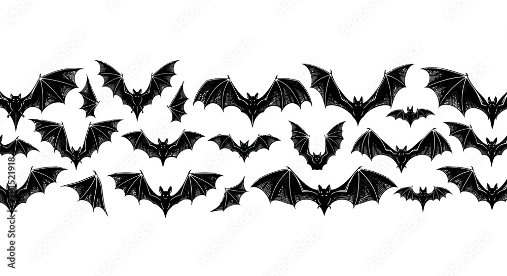 Fototapeta premium Halloween bat silhouettes collection, black flying bats vector set, spooky gothic animal illustrations for party decor and invitation design