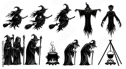 Fotografie Vintage Halloween witch silhouette set, spooky occult sorceress and grim reaper