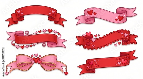 Set of Valentine Ribbon Banners with Hearts and Bow Pink and Red Design