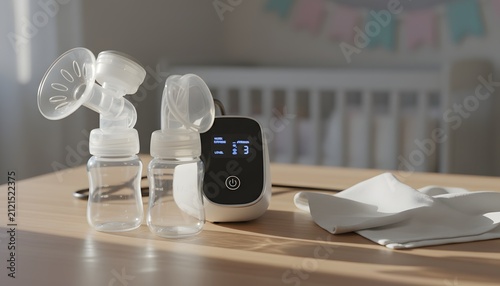 Modern double electric breast pump equipment on a wooden table in nursery room for World Breastfeeding Week and newborn care concept