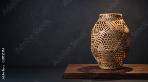 Traditional Japanese bamboo weaving craft object with intricate shadow on dark background